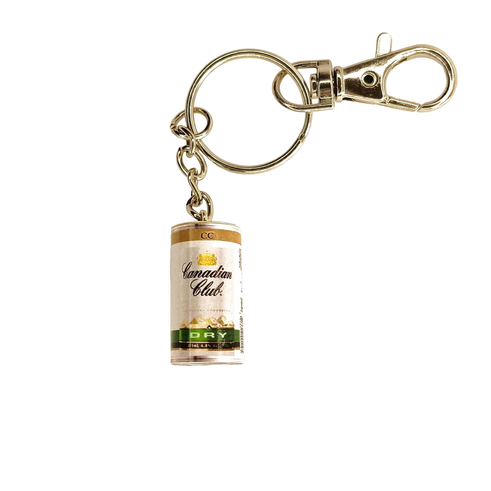 Miniature Canadian Club & Dry can with a silver-toned keychain against a white background