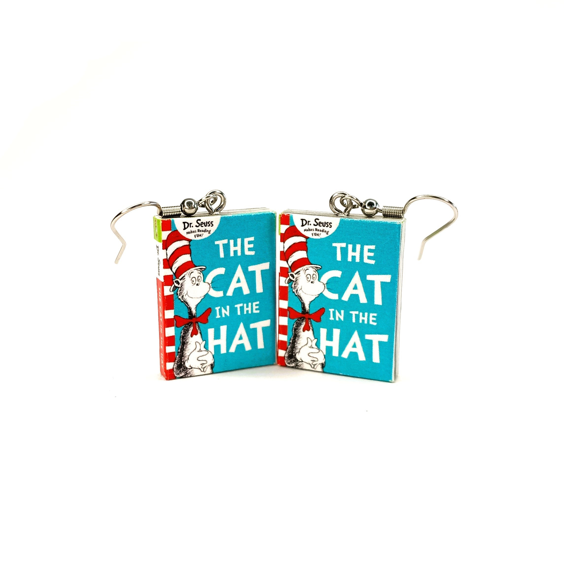 A pair of dangle earrings designed like copies of Dr. Seuss's 'The Cat in the Hat', featuring the iconic turquoise background, red-and-white striped hat, and white cat illustration, with silver-tone fishhook wires.