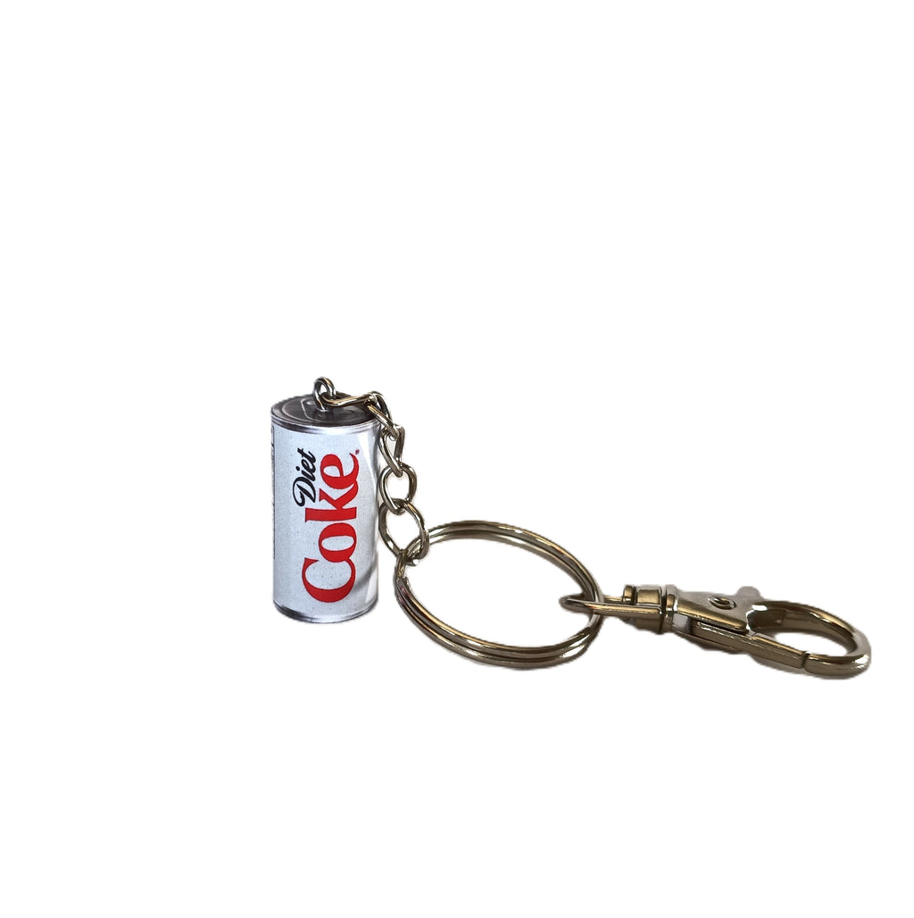 A miniature metal keychain shaped like a can of Diet Coke, featuring the classic red and white logo, attached to a split key ring and lobster clasp on a plain white background.