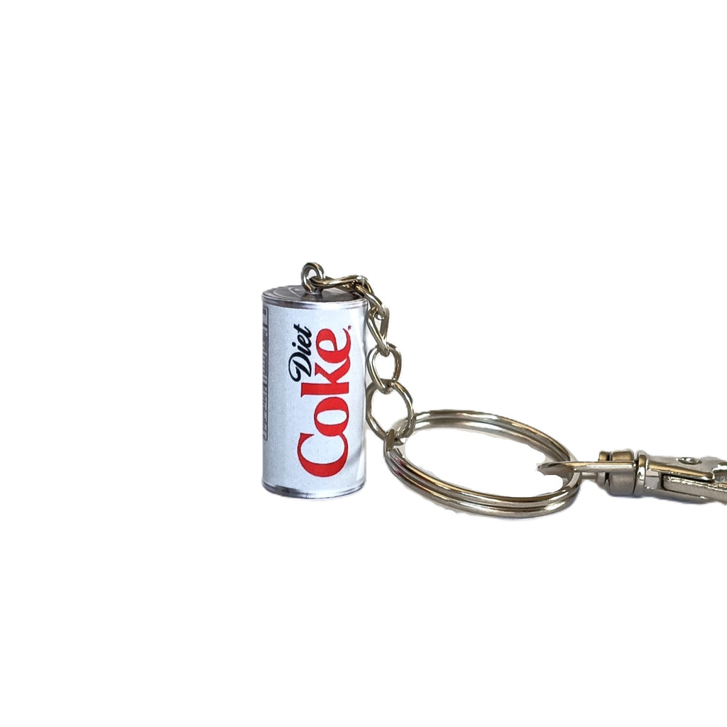 A miniature Diet Coke can keychain with a silver metal split ring and lobster clasp, shown on a plain white background.