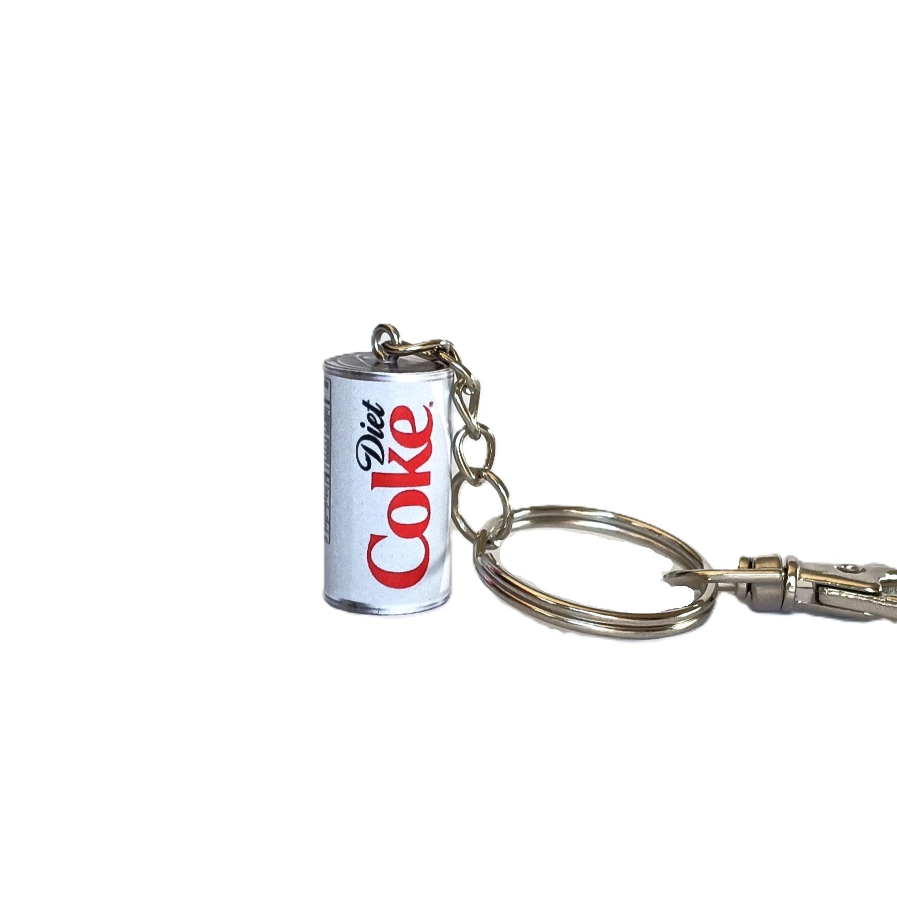 A miniature Diet Coke can keychain with a silver metal split ring and lobster clasp, shown on a plain white background.