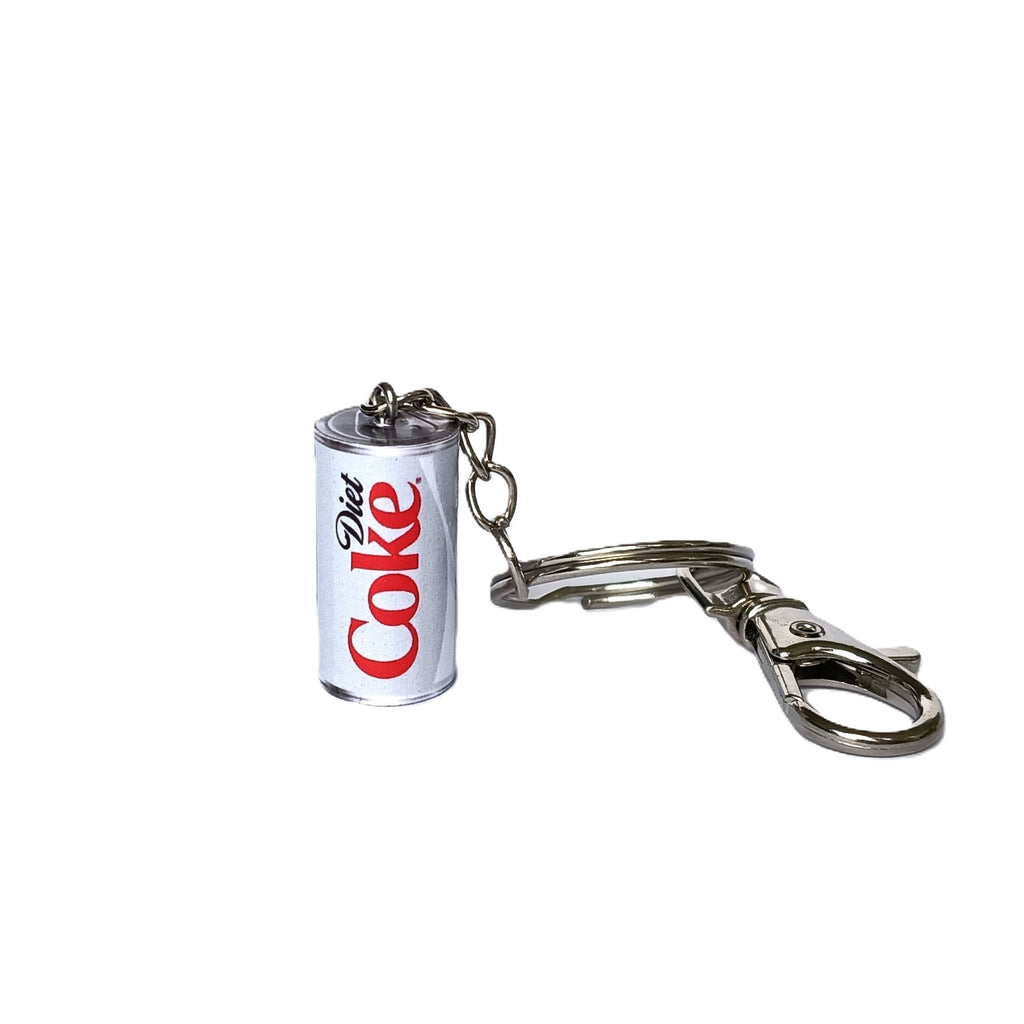 A miniature Diet Coke can keychain with a silver metal clasp and key ring, shown on a plain white background.