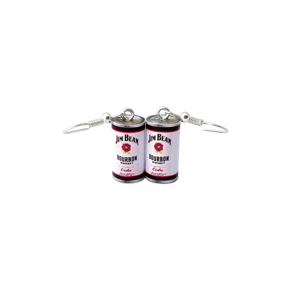 A pair of miniature Jim Bean Bourbon whiskey bottle earrings with silver fishhook wires, displayed on a clean white background.