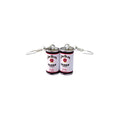 A pair of miniature Jim Bean Bourbon whiskey bottle earrings with silver fishhook wires, displayed on a clean white background.