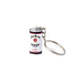 A miniature Jim Beam Bourbon Whiskey keychain shaped like a can, featuring the classic white label with red and black text, attached to a silver metal split ring on a clean white background.