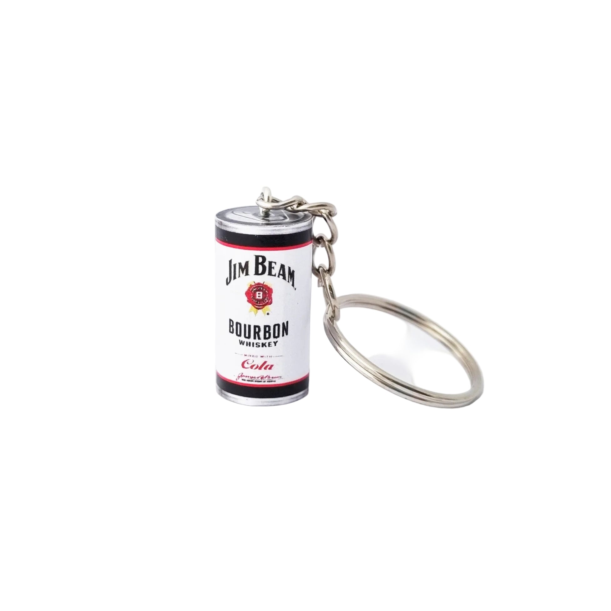 A miniature Jim Beam Bourbon Whiskey keychain shaped like a can, featuring the classic white label with red and black text, attached to a silver metal split ring on a clean white background.