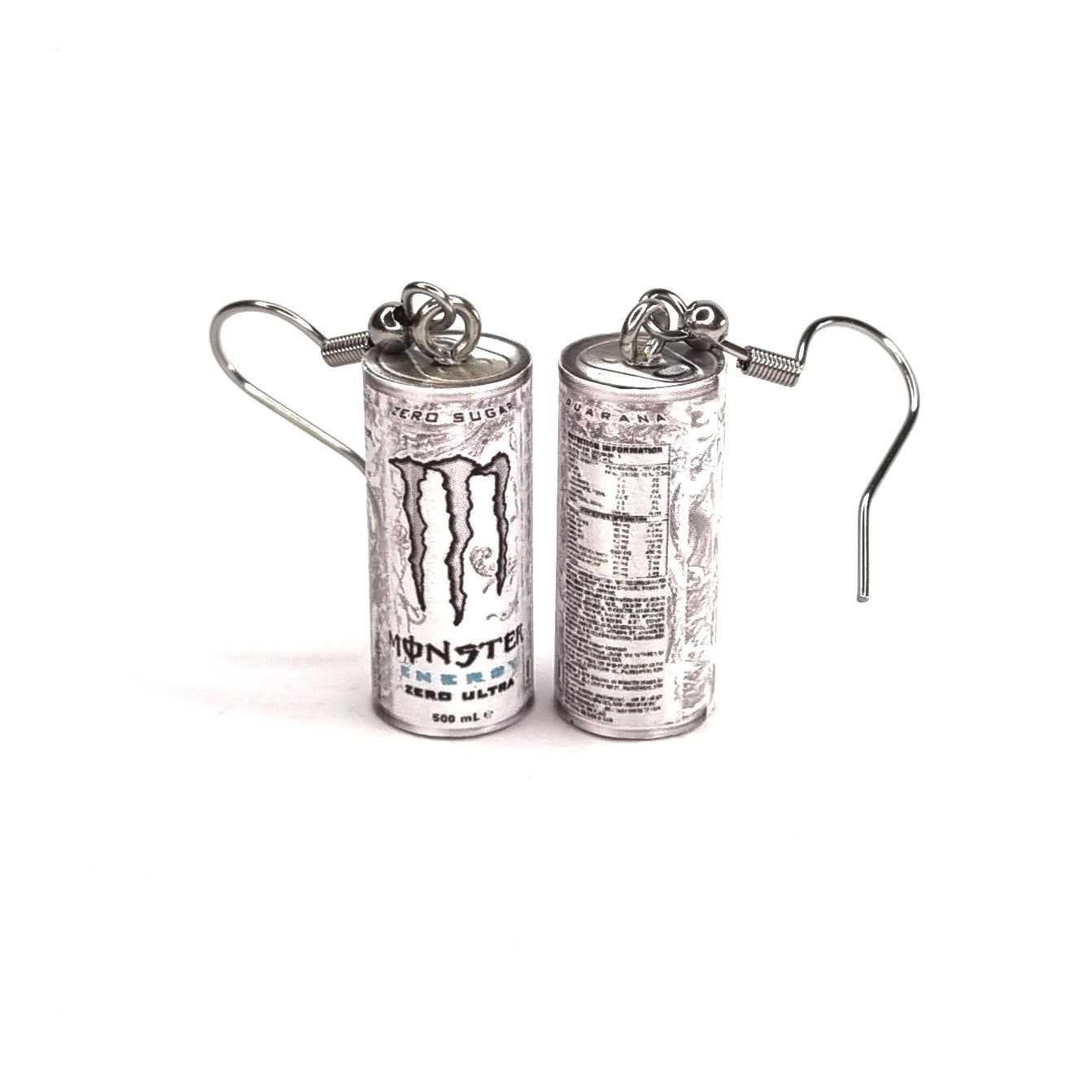 Monster energy drink can earrings on a white background