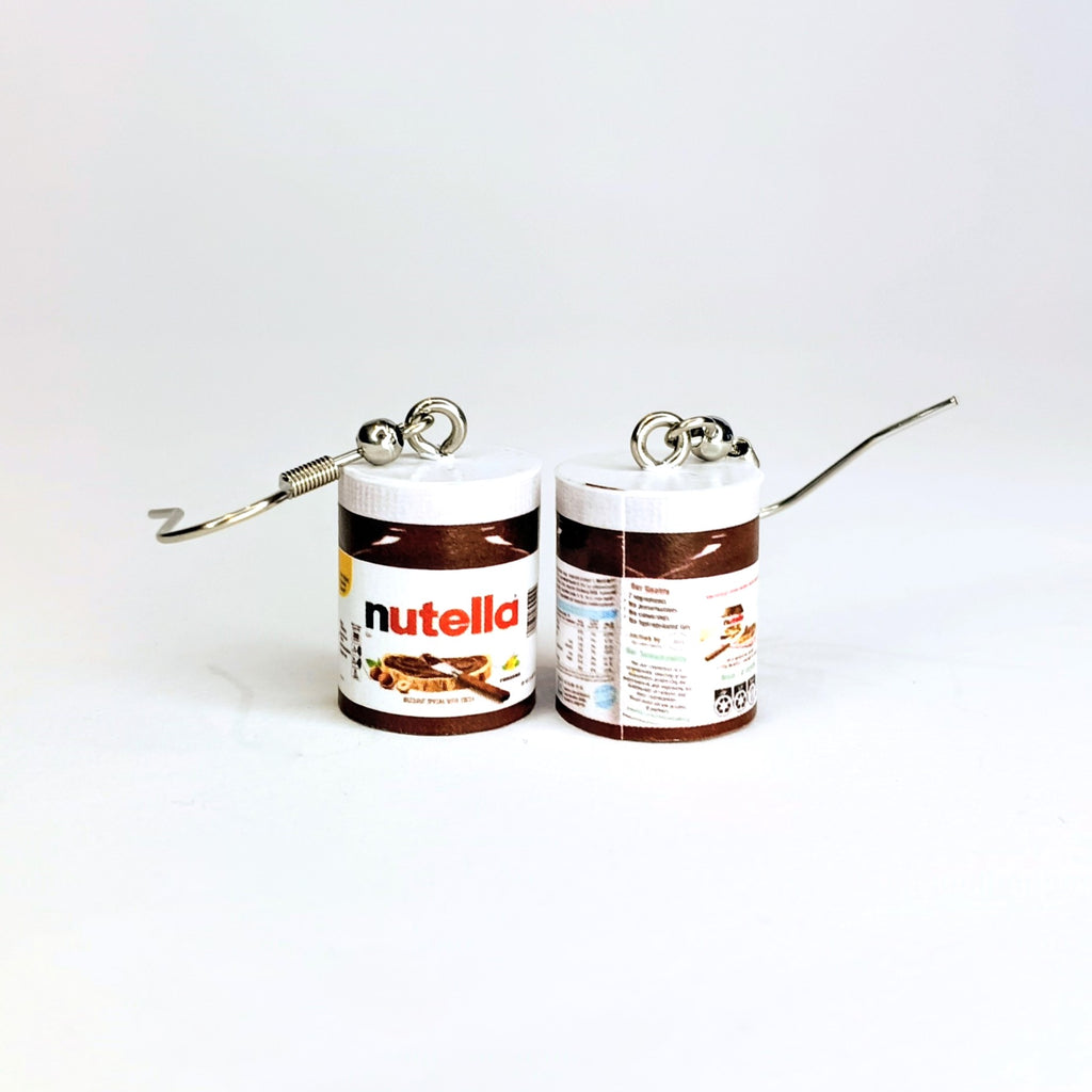 Two miniature Nutella jar earringswith silver metal hooks, shown from front and back views on a white background.