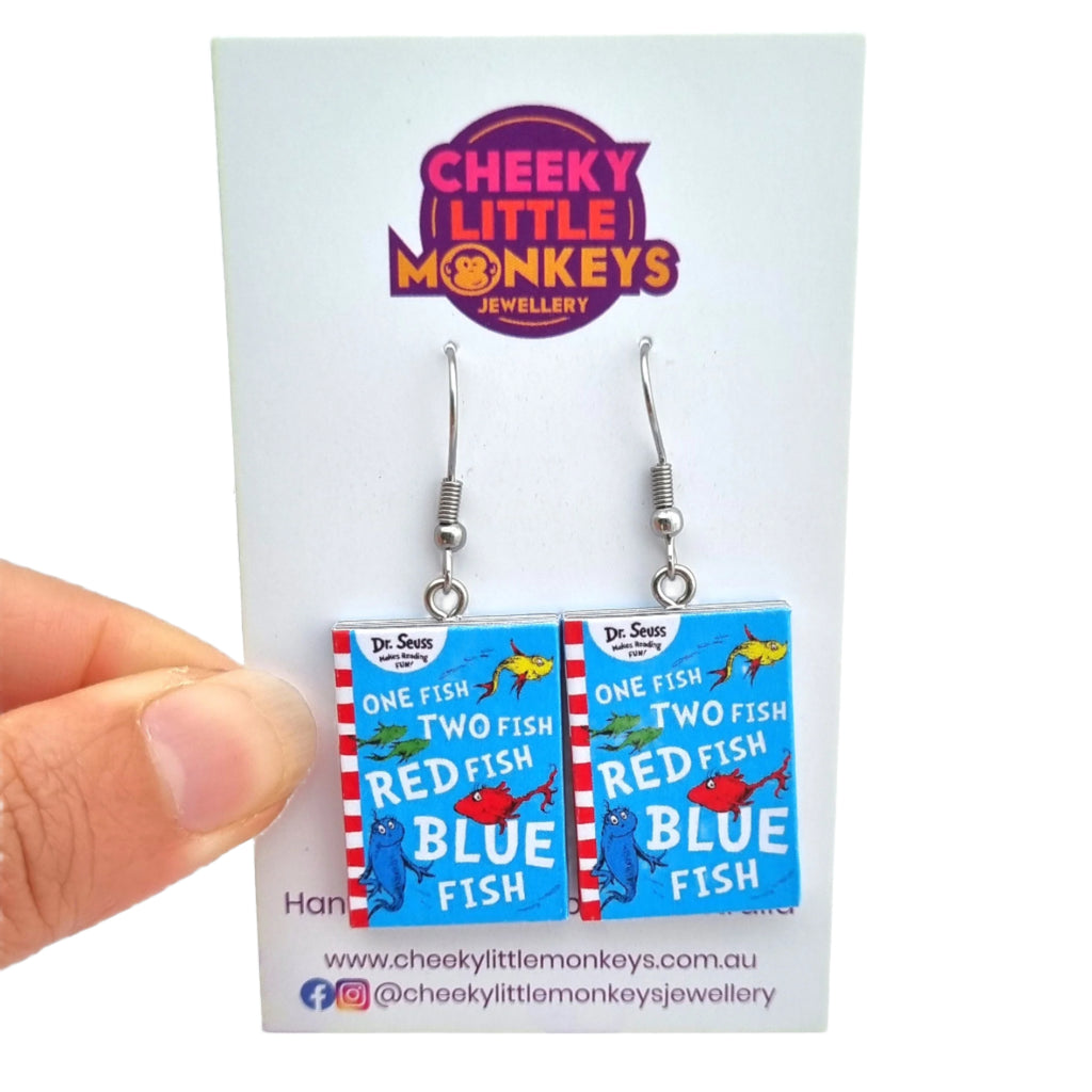 One Fish Two Fish Red Fish Blue Fish book earrings