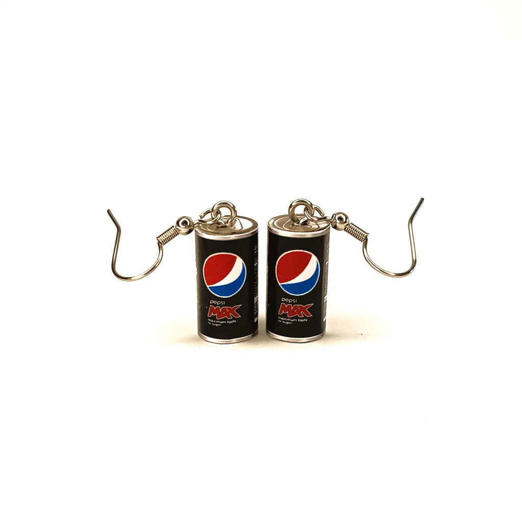 A pair of earrings shaped like miniature Pepsi Max cans, featuring the classic red, white, and blue logo on a black background, with silver-tone hooks attached at the top.