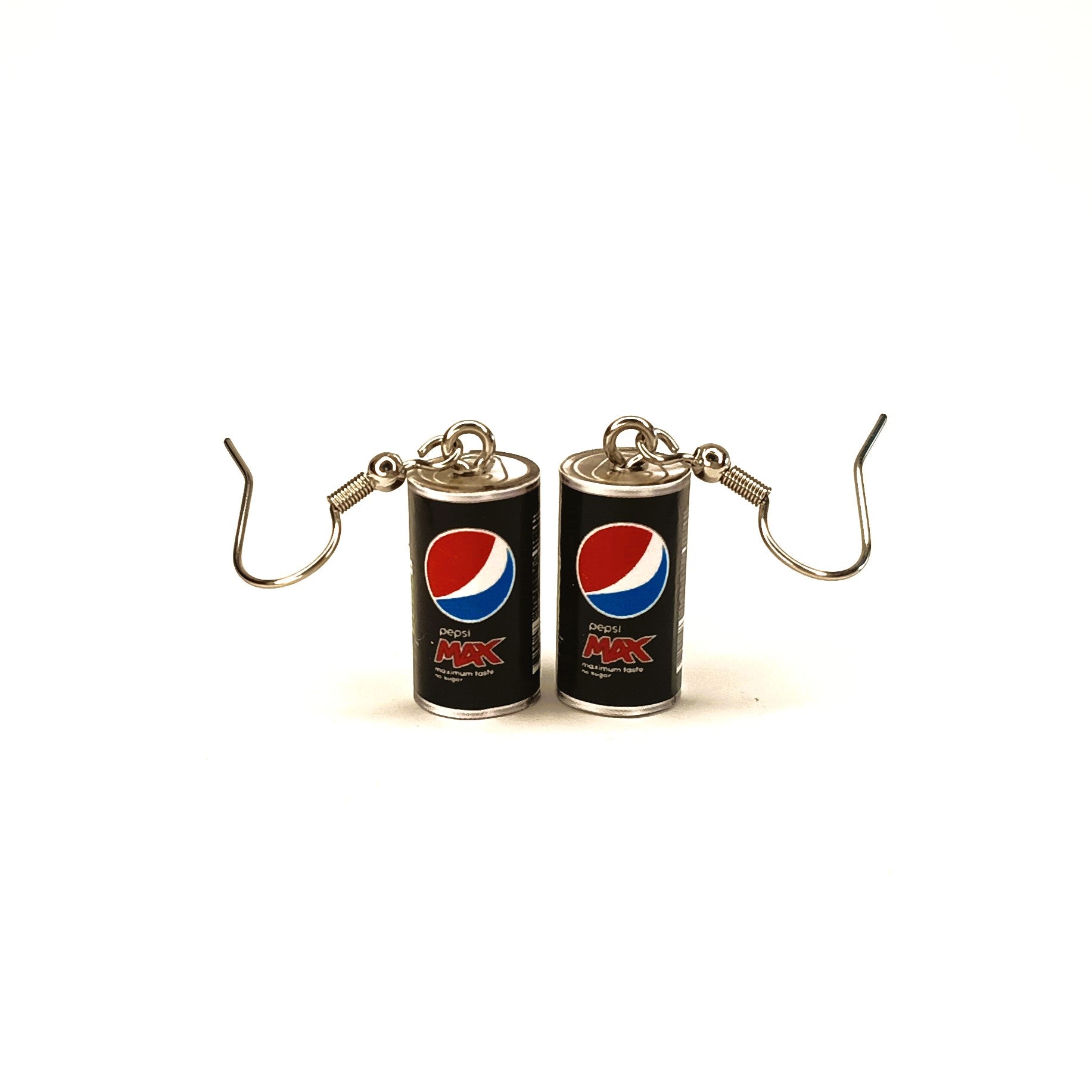 A pair of earrings shaped like miniature Pepsi Max cans, featuring the classic red, white, and blue logo on a black background, with silver-tone hooks attached at the top.