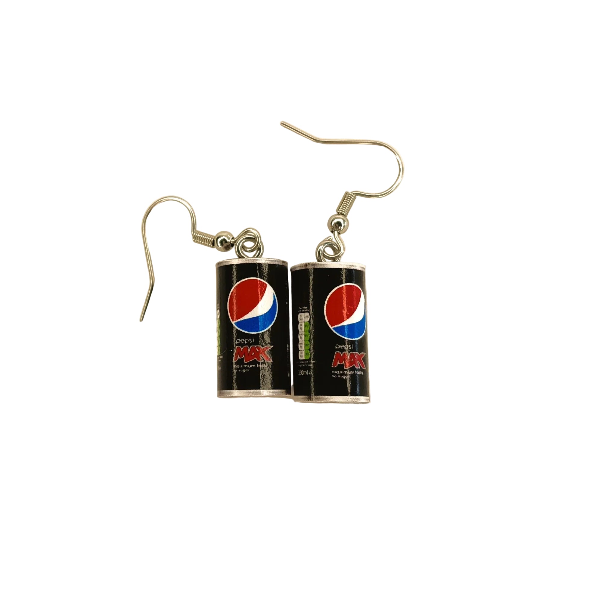 A pair of novelty earrings shaped like miniature black Pepsi Max cans with silver fishhook wires, displayed on a plain white background.