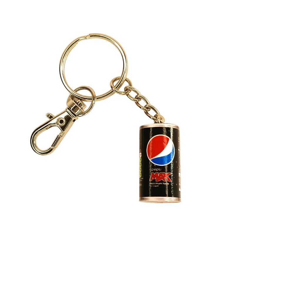A miniature Pepsi Max keychain featuring a black can charm with the red, white, and blue Pepsi logo, attached to a silver metal split ring and clasp on a white background.