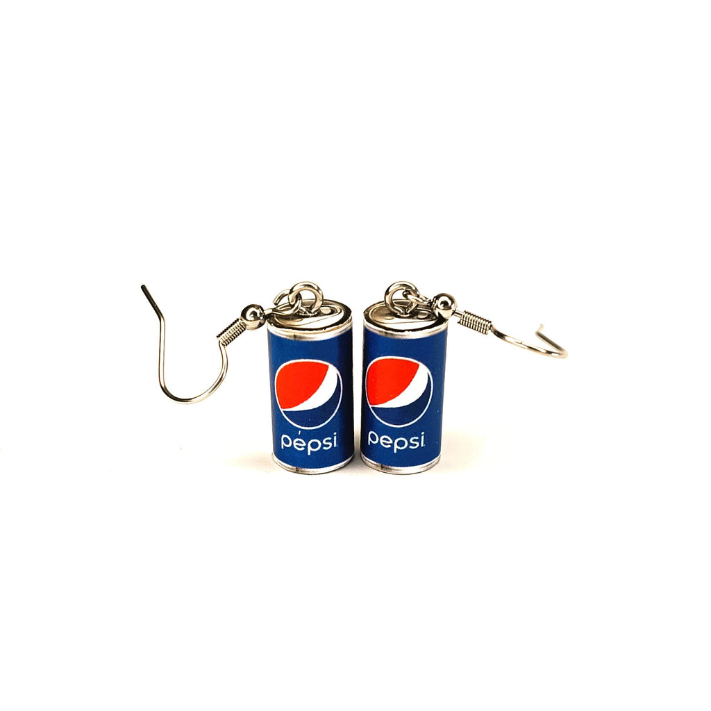 A pair of novelty earrings shaped like miniature Pepsi cans with silver fishhook wires, displayed on a clean white background.