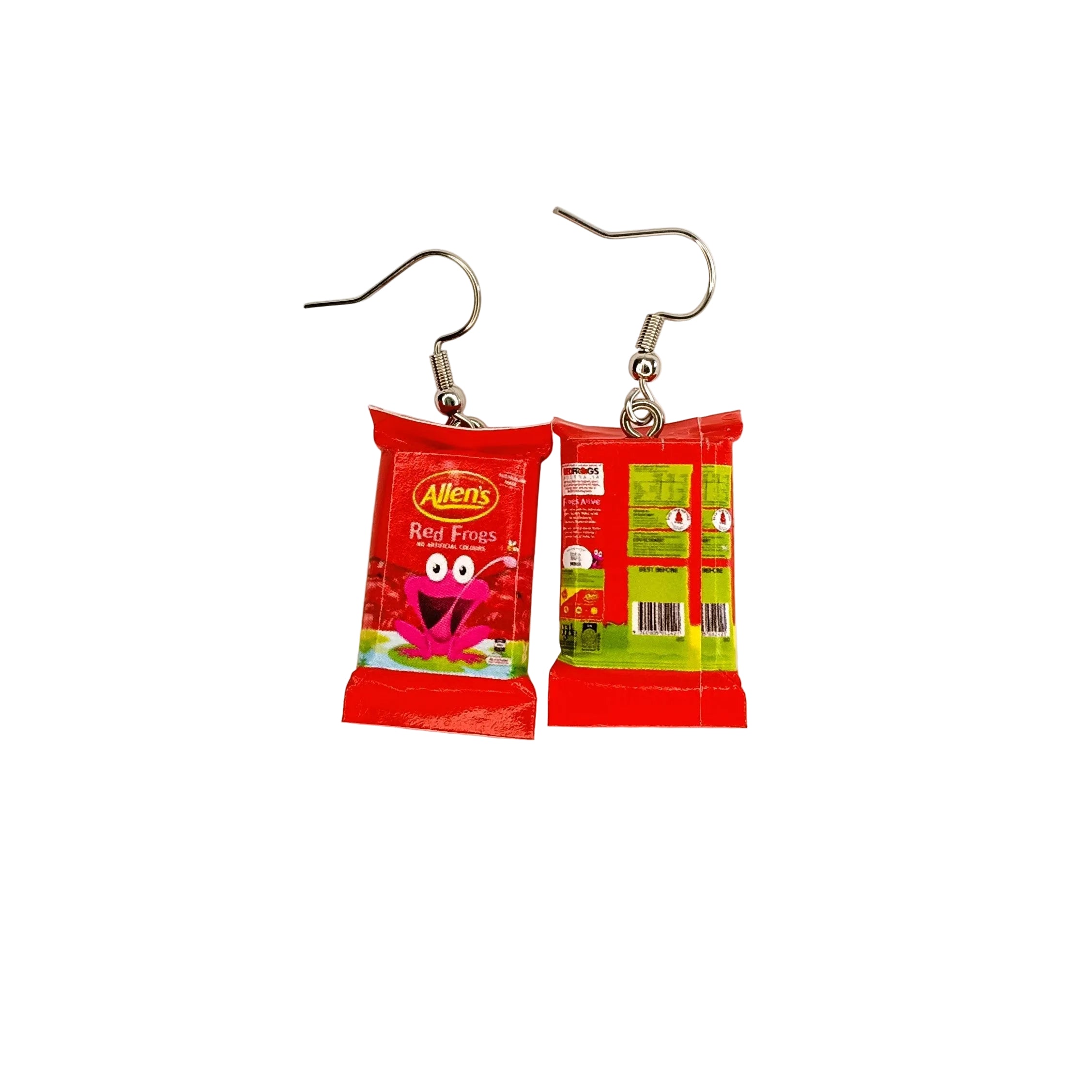 A pair of novelty earrings shaped like miniature Allen's Red Frogs lolly bags, complete with silver-tone fishhook ear wires, displayed against a plain white background.