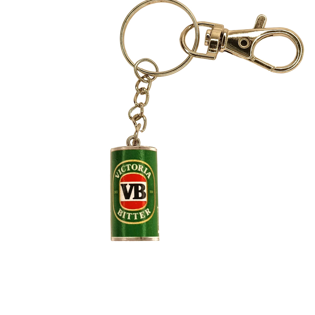 A silver metal keychain with a small cylindrical green can-shaped charm featuring the red, white, and green VB Bitter logo, shown on a plain white background.