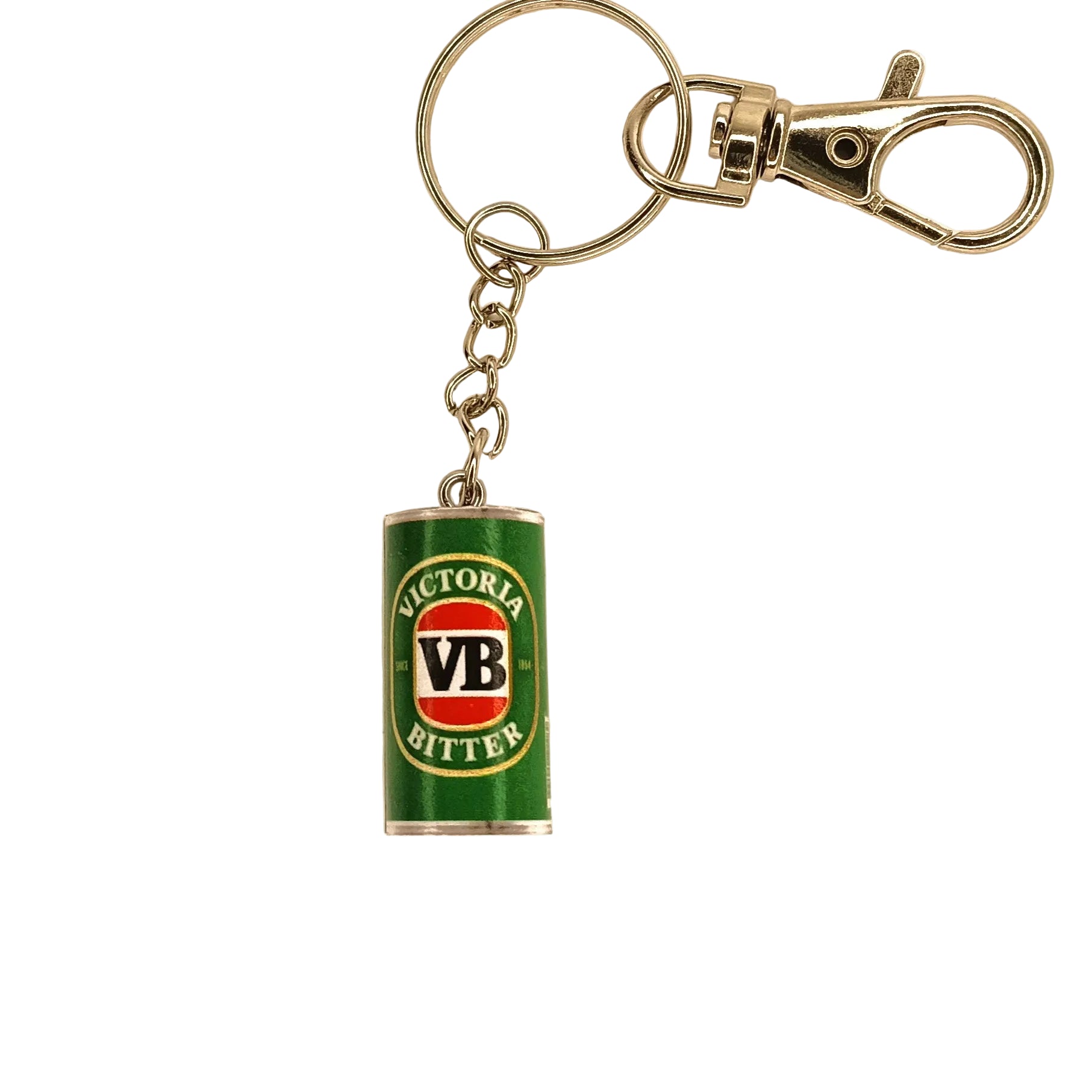 A silver metal keychain with a small cylindrical green can-shaped charm featuring the red, white, and green VB Bitter logo, shown on a plain white background.