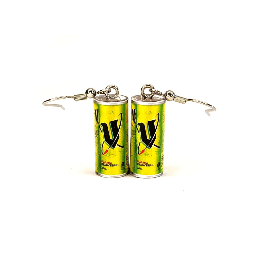 A pair of dangling earrings shaped like miniature V energy drink cans with silver fishhook wires, shown on a plain white background.