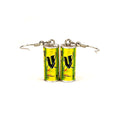 A pair of dangling earrings shaped like miniature V energy drink cans with silver fishhook wires, shown on a plain white background.