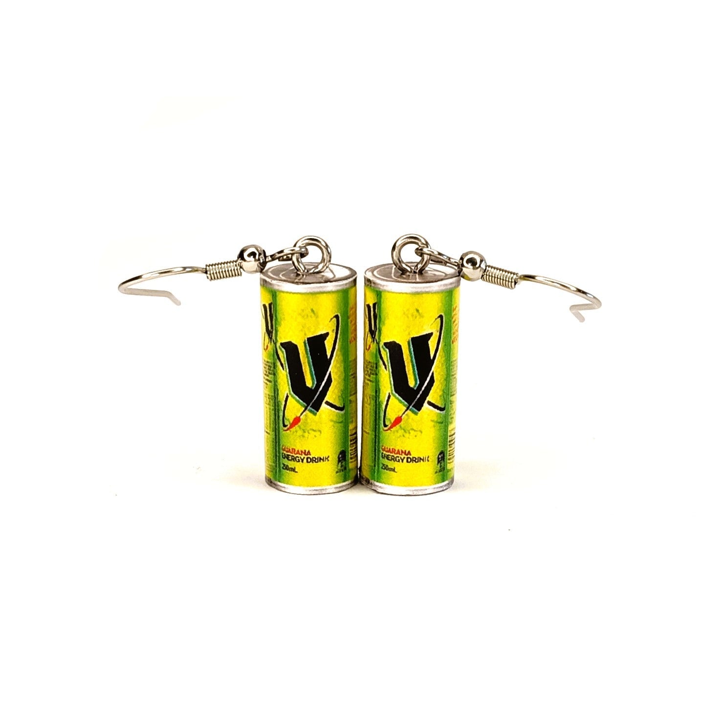A pair of dangling earrings shaped like miniature V energy drink cans with silver fishhook wires, shown on a plain white background.
