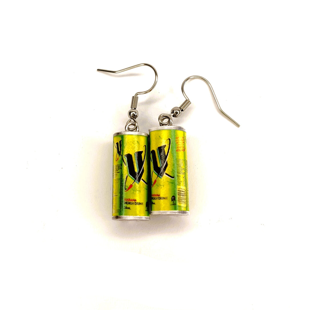 A pair of dangling earrings shaped like miniature yellow-green V energy drink cans with silver fishhook wires, shown on a plain white background.