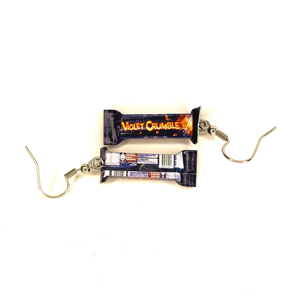 A pair of novelty earrings shaped like Violet Crumble chocolate bars, featuring a top bar showing the front, and a bottom bar showing the back of the bar. Each bar is attached to a silver-tone fishhook ear wire on a plain white background.