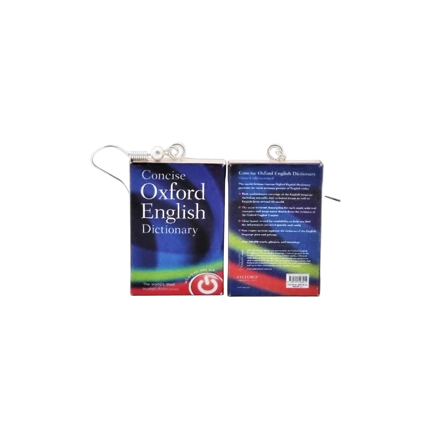 Miniature Oxford Dictionary earrings on a white background with one earring showing the front and one earring showing the back of the book