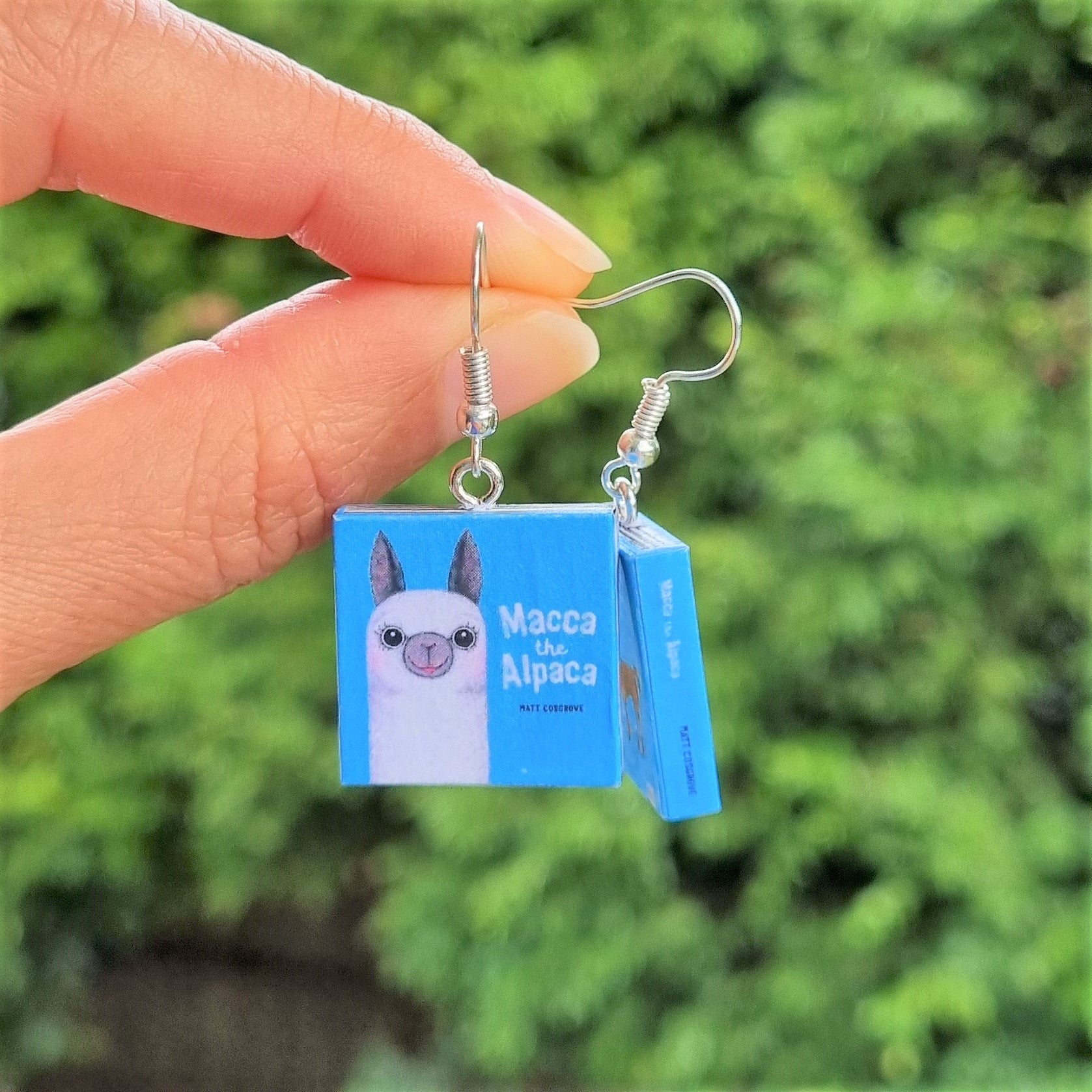 Macca the Alpaca book earrings