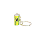 A miniature V-shaped keyring designed to resemble a energy drink can, attached to a silver-colored keychain.